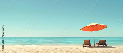 Ideal vacation setting with two sun loungers and a beach umbrella on an empty beach illustrating the perfect holiday experience with copy space image © Ilgun