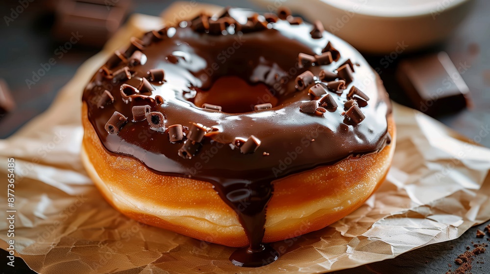 Close up photo of a donut with chocolate glaze, a cup of coffee on the side Close up photo of a donut with chocolate glaze, a cup of coffee on the side