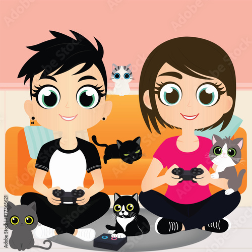 Girls playing video games with their cats
