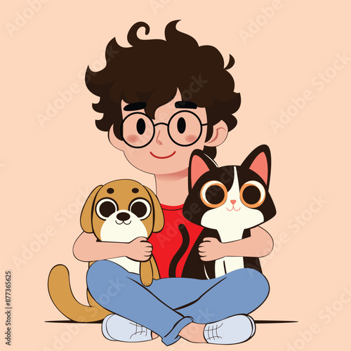 boy  happily hugging his pets