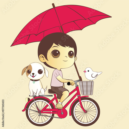 Boy riding a bike with his pets