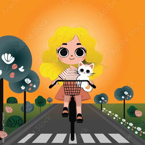 Girl riding a bike with her kitten