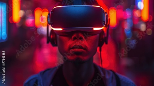 Man Wearing VR Headset in Neon Lights