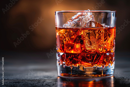 Classic Negroni Cocktail in a rock glass with ice, with blank space for copy or text, and dark background