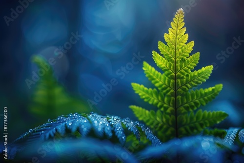 Wallpaper Mural Close-up of fern frond with water droplets against blurred forest background Torontodigital.ca