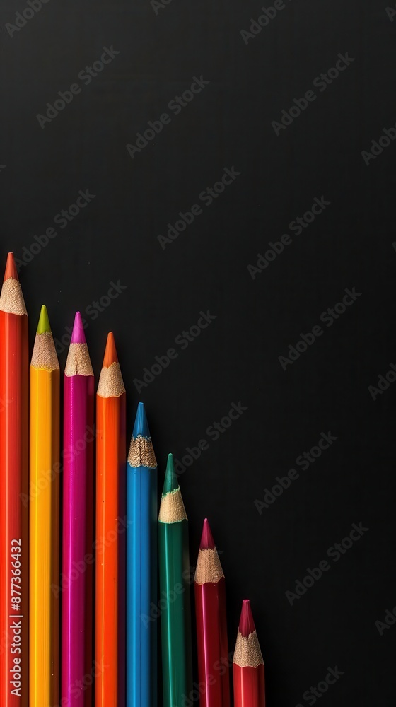 Colorful pencils arranged in a diagonal line on a black background. Colorful pencils arranged in a diagonal line on a black background.