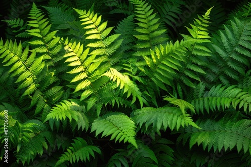 Sunlight filtering through lush green ferns in the forest creates a vibrant natural tapestry. photo