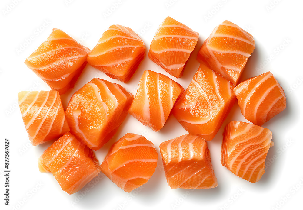 Raw salmon cubes isolated on white background Raw salmon cubes isolated on white background