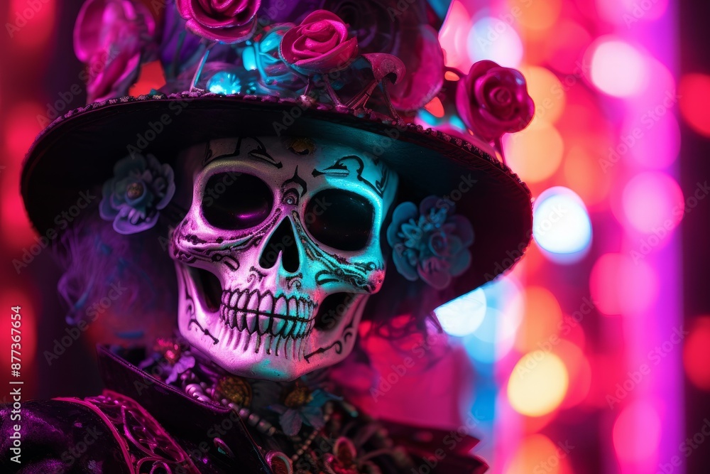 Vibrant and artistic day of the dead skull adorned with flowers against a festive bokeh background Vibrant and artistic day of the dead skull adorned with flowers against a festive bokeh background