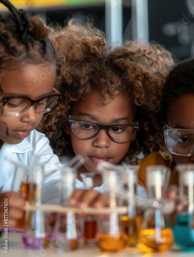 Four young students work together on a science experiment in the lab. ©  Green Creator