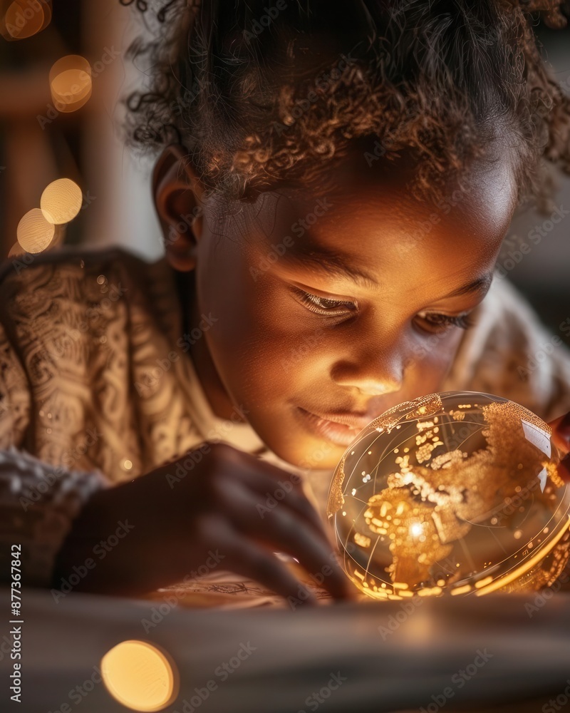 Naklejka premium A young girl looks intently at a shimmering Christmas ornament, her face lit by soft holiday lights.