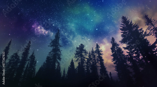 A starry night sky with a few trees in the background