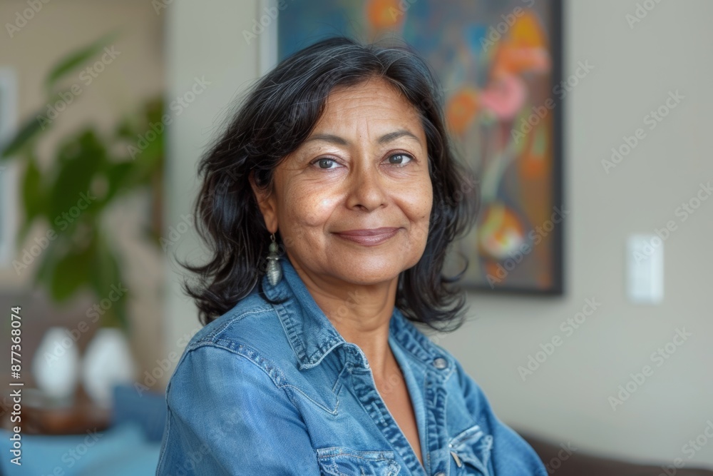 Portrait of a tender indian woman in her 50s sporting a versatile denim shirt while standing against stylized simple home office background Portrait of a tender indian woman in her 50s sporting a versatile denim shirt while standing against stylized simple home office background