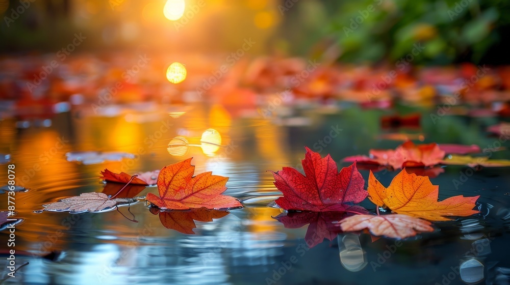 Autumn Leaves on Water at Sunset - Generative AI Autumn Leaves on Water at Sunset - Generative AI