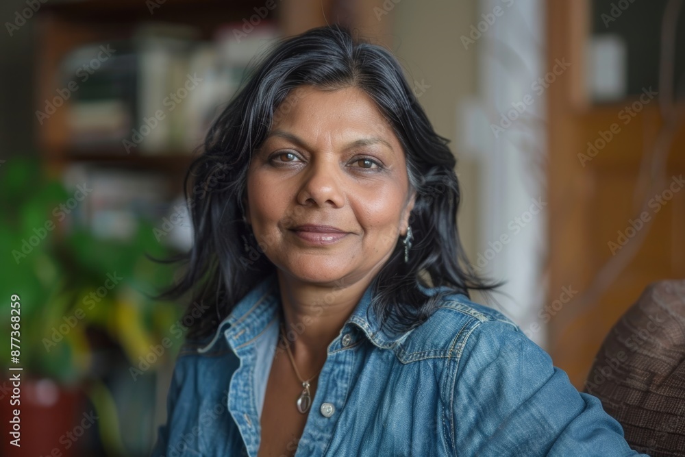 Portrait of a tender indian woman in her 50s sporting a versatile denim shirt in front of stylized simple home office background Portrait of a tender indian woman in her 50s sporting a versatile denim shirt in front of stylized simple home office background