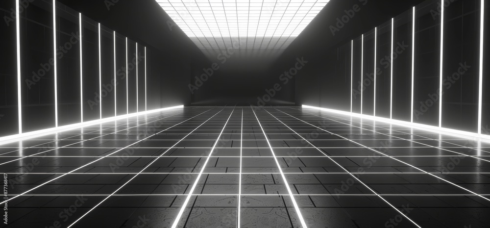In this 3D rendering, a dark tunnel lit by white neon lights has reflections on the floor and walls. In this 3D rendering, a dark tunnel lit by white neon lights has reflections on the floor and walls.