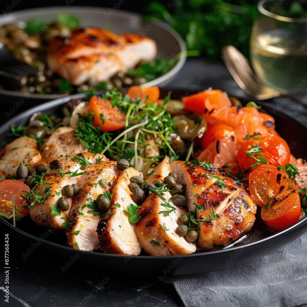 Grilled chicken breast with capers, tomatoes and herbs on a black plate. Grilled chicken breast with capers, tomatoes and herbs on a black plate.