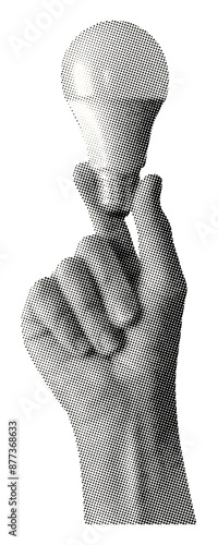 hand holding light bulb isolated retro halftone dotted effect vintage grunge cut-out collage element for mixed media design