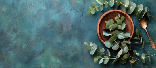Top view of eucalyptus leaves next to a wooden bowl and spoon with copy space image