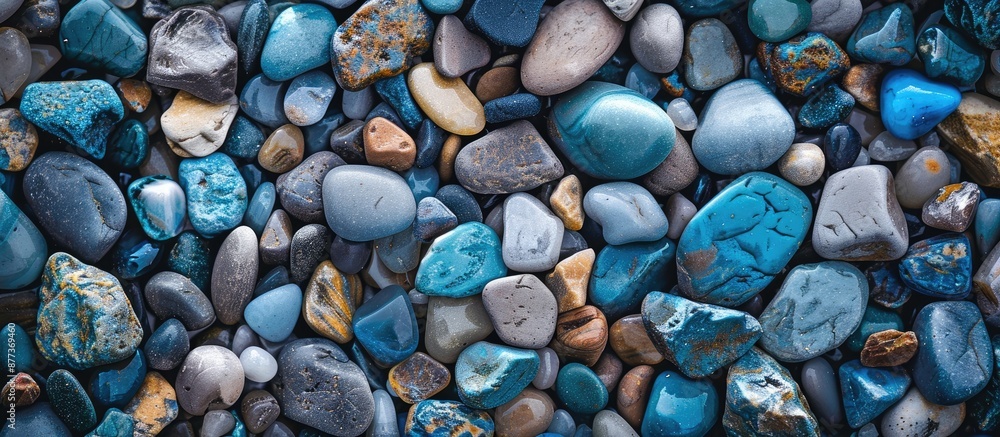 Various small blue stones pebbles and beads for crafting Provides an abstract background texture frame and pattern with a copy space image Represents the concept of environmental influence and group Various small blue stones pebbles and beads for crafting Provides an abstract background texture frame and pattern with a copy space image Represents the concept of environmental influence and group