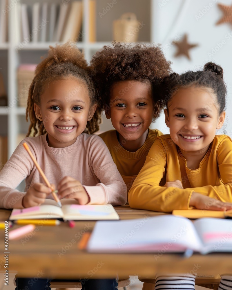 Three happy kids smiling and drawing together at a table. Three happy kids smiling and drawing together at a table.