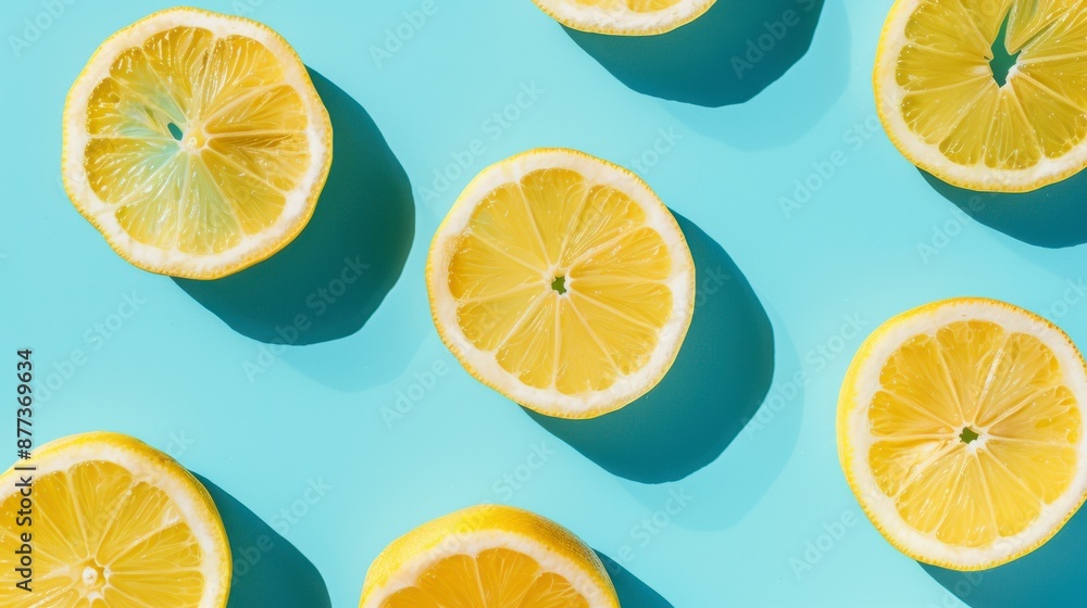 Lemon slices on a blue backdrop with natural light Lemon slices on a blue backdrop with natural light