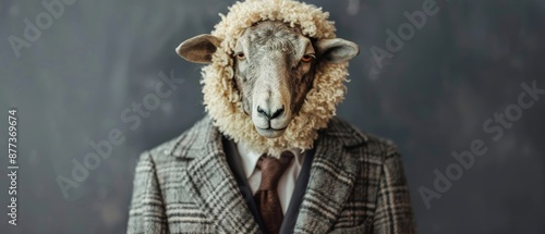 Wolf in a business suit hiding behind a sheep costume, corporate espionage, strategic disguise