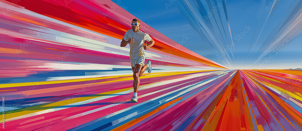 Man wearing sunglasses and a white shirt running in abstract landscape, speed effect with colorful stripe in background, creative sport banner illustration Man wearing sunglasses and a white shirt running in abstract landscape, speed effect with colorful stripe in background, creative sport banner illustration