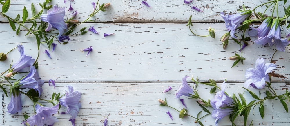 White wooden background with bellflower providing copy space image White wooden background with bellflower providing copy space image
