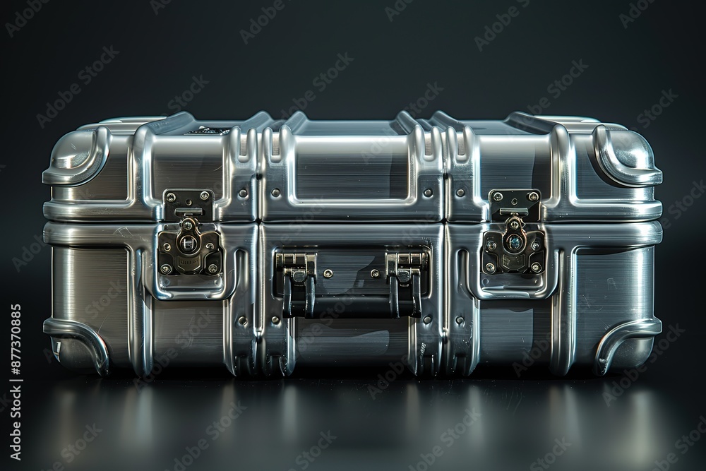 A silver suitcase with a black handle sits on a black surface A silver suitcase with a black handle sits on a black surface