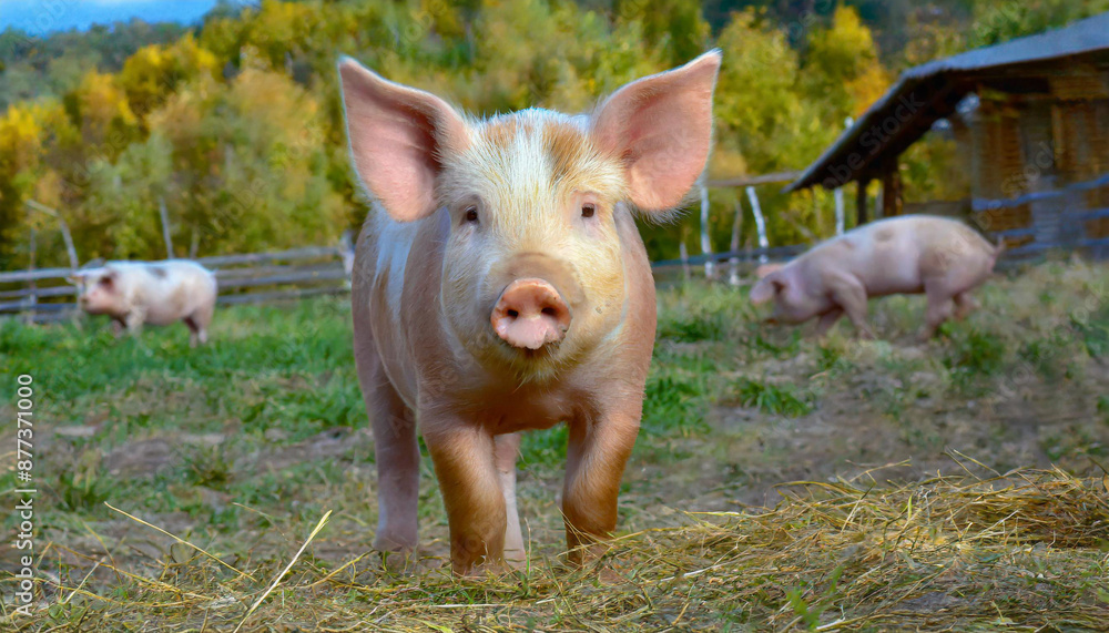 Fototapeta premium pig cute newborn standing on a grass lawn. concept of biological , animal health , friendship , love of nature . vegan and vegetarian style . respect for nature