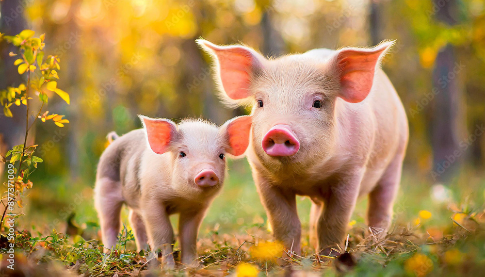 pig cute newborn standing on a grass lawn. concept of biological , animal health , friendship , love of nature . vegan and vegetarian style . respect for nature pig cute newborn standing on a grass lawn. concept of biological , animal health , friendship , love of nature . vegan and vegetarian style . respect for nature
