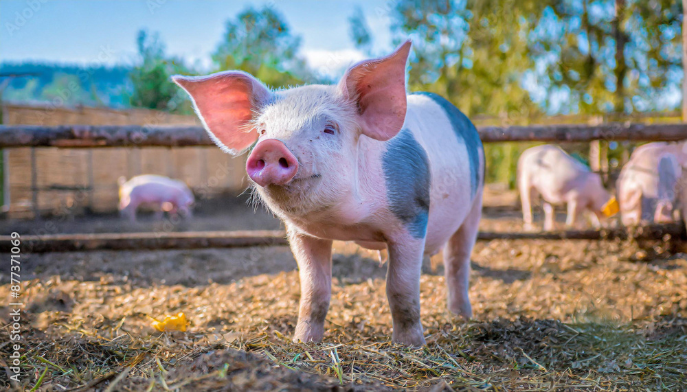 pig cute newborn standing on a grass lawn. concept of biological , animal health , friendship , love of nature . vegan and vegetarian style . respect for nature pig cute newborn standing on a grass lawn. concept of biological , animal health , friendship , love of nature . vegan and vegetarian style . respect for nature
