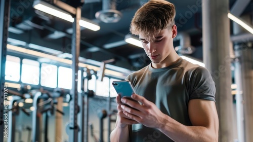 Focused Fitness Teen Tracks Workout Progress on His Smartphone © Mommy_Sunshine