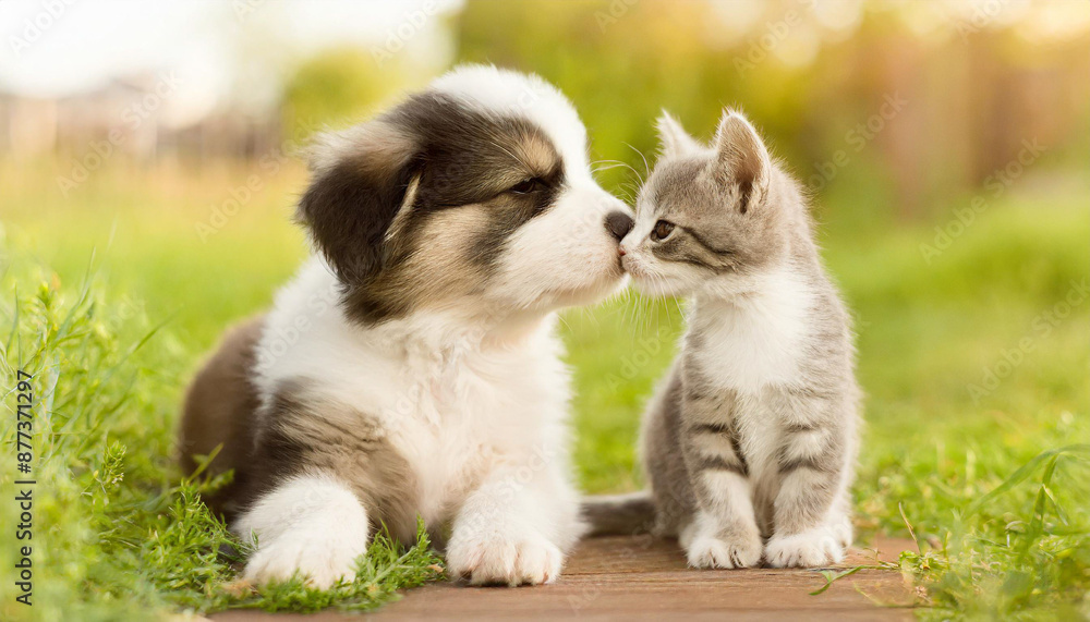 Little tabby kitten playing with little puppy Little tabby kitten playing with little puppy