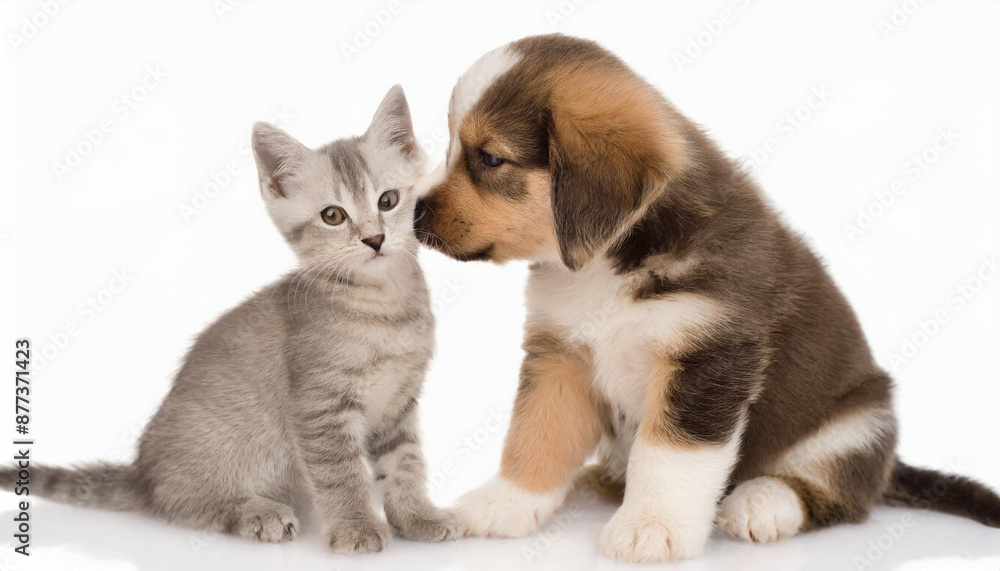 Little tabby kitten playing with little puppy Little tabby kitten playing with little puppy