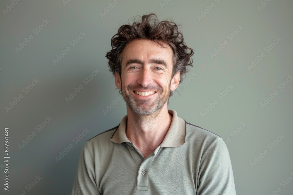 Obraz premium Portrait of a grinning man in his 30s wearing a sporty polo shirt isolated in plain cyclorama studio wall