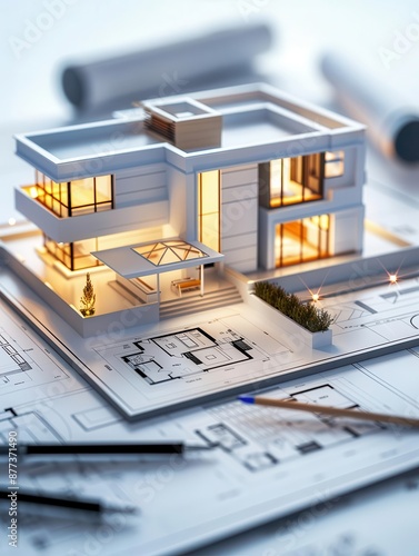 Architectural model of modern house on blueprint with tools photo