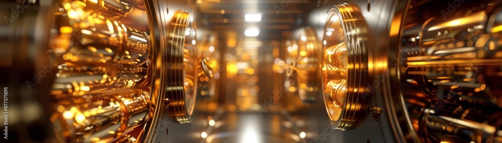 Fototapeta premium Luxurious vault packed with shining gold reserves under dramatic lighting, economy and secure wealth theme, Digital Art, Rich gold hues, Detailed textures