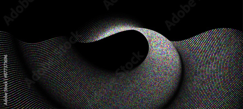 Multicolored dots arranged in a curved circular shape form a fluid dot curve against a dark background, ideal for technology, sound, and perfect for graphic and digital design.