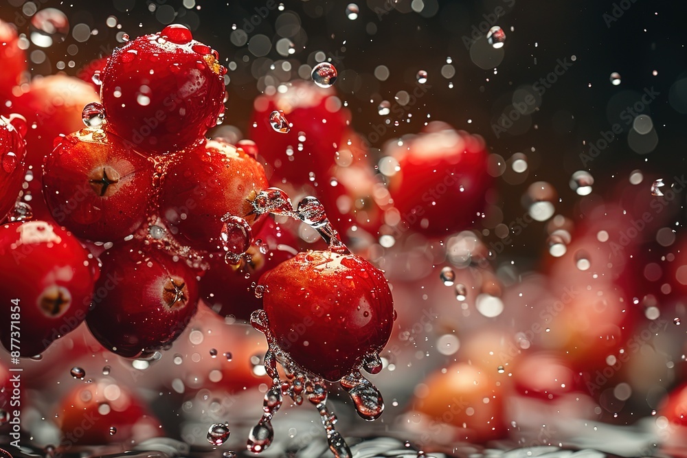 A bunch of red berries are falling into a body of water A bunch of red berries are falling into a body of water
