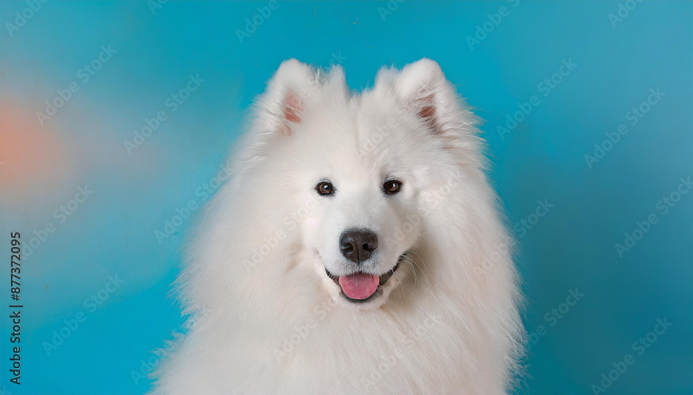Cute Samoyed dog on blue color background Cute Samoyed dog on blue color background