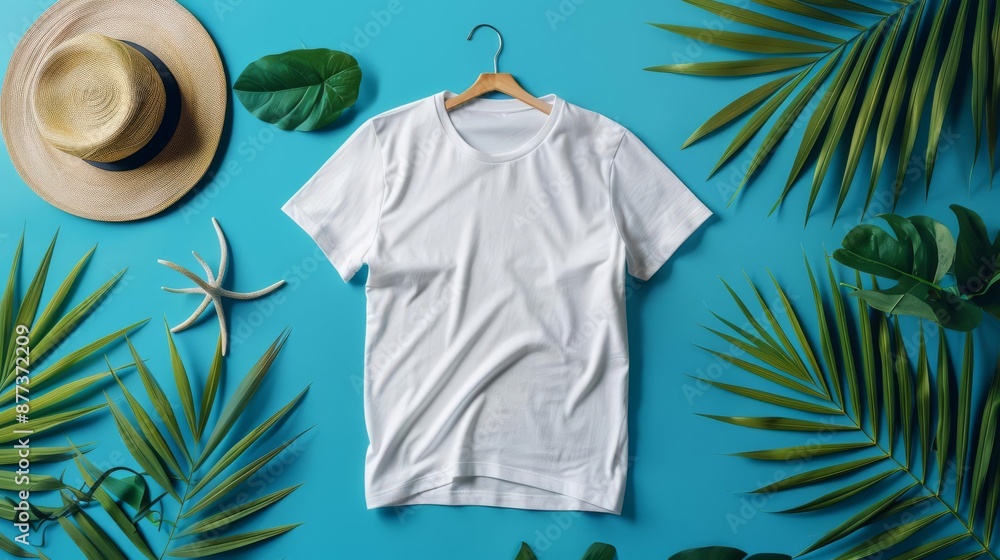 Photorealistic white t-shirt on a blue summer-themed background, High detail, Bright and clean tones Photorealistic white t-shirt on a blue summer-themed background, High detail, Bright and clean tones