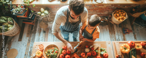 Father and son cooking dinner together on the domestic kitchen. Family and parenting concept.