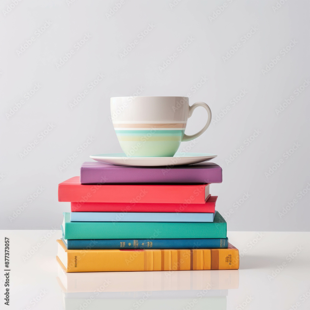 A Stack of Colorful Books with a Striped Mug on Top, Symbolizing Knowledge and Comfort in a Cozy Setting A Stack of Colorful Books with a Striped Mug on Top, Symbolizing Knowledge and Comfort in a Cozy Setting