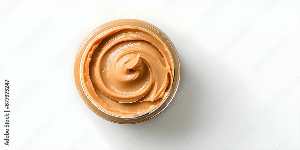 Overhead view of peanut butter jar on white surface with empty space for text. Concept Food Photography, Peanut Butter, Minimalism, White Background, Copy Space Overhead view of peanut butter jar on white surface with empty space for text. Concept Food Photography, Peanut Butter, Minimalism, White Background, Copy Space
