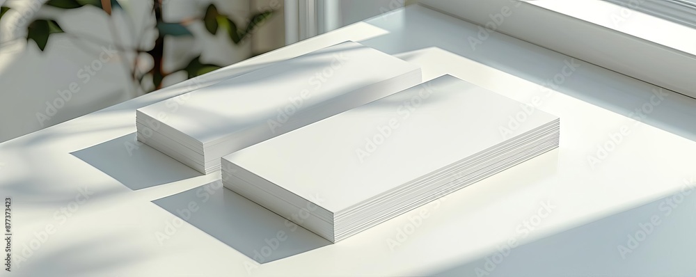 Fototapeta premium White blank business cards lie on a white clean table, minimalistic design, high-key lighting, sharp focus, modern and sleek mockup, realistic style