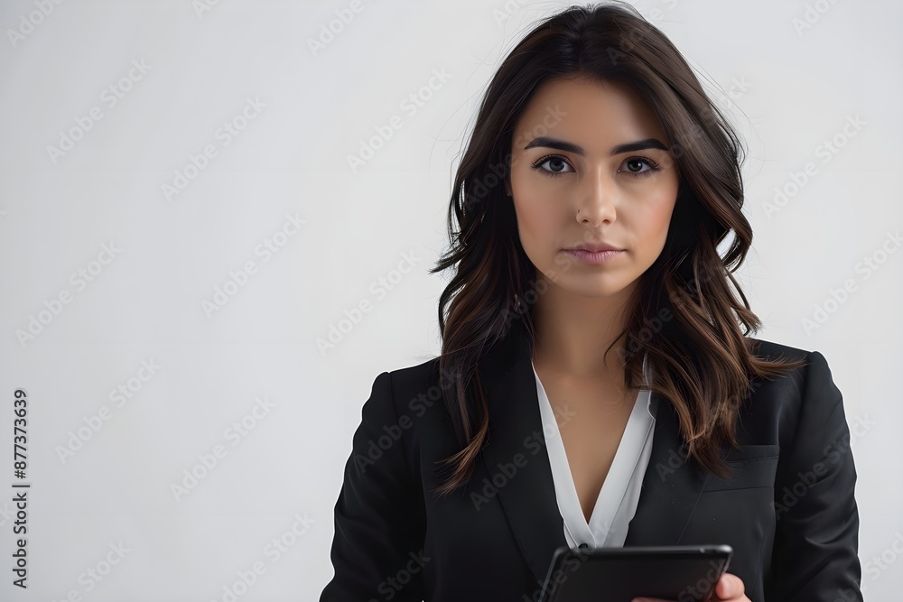 Portrait of a Latin businesswoman, standing in a studio with a pure white background, looking directly at the camera with a confident and professional expression, holding a smart tab, Generated AI