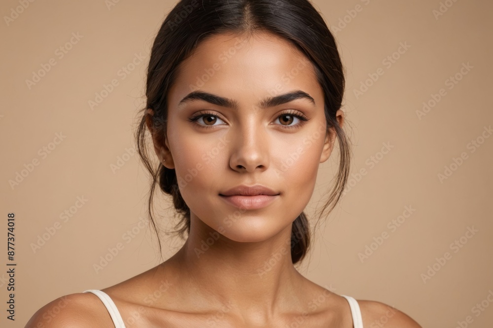 Fototapeta premium Portrait of young beautiful latin woman with perfect smooth skin over beige background.