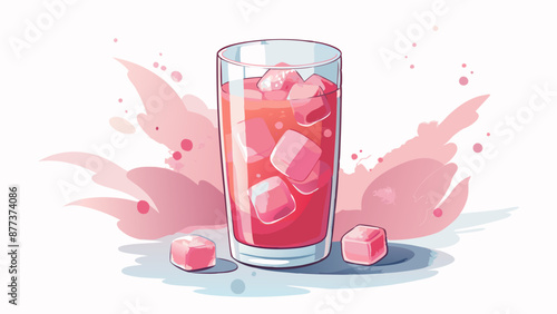 Illustration of a refreshing pink beverage in a glass, filled with ice cubes and surrounded by colorful artistic splashes, evoking sensations of coolness, elegance, and delightful summer relaxation.